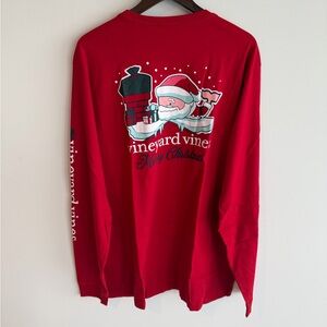 NWT Vineyard Vines Santa Whale Christmas Red Long Sleeve Graphic Pocket Tee